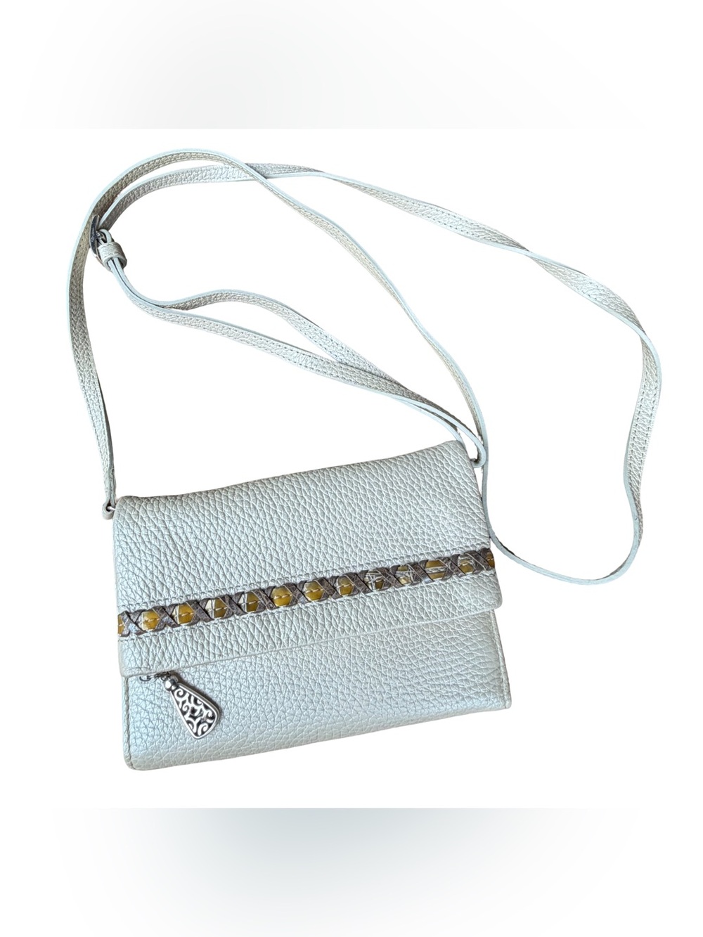 Brighton Leather Crossbody Bag with Decorative Stud Trim - White Tri Fold